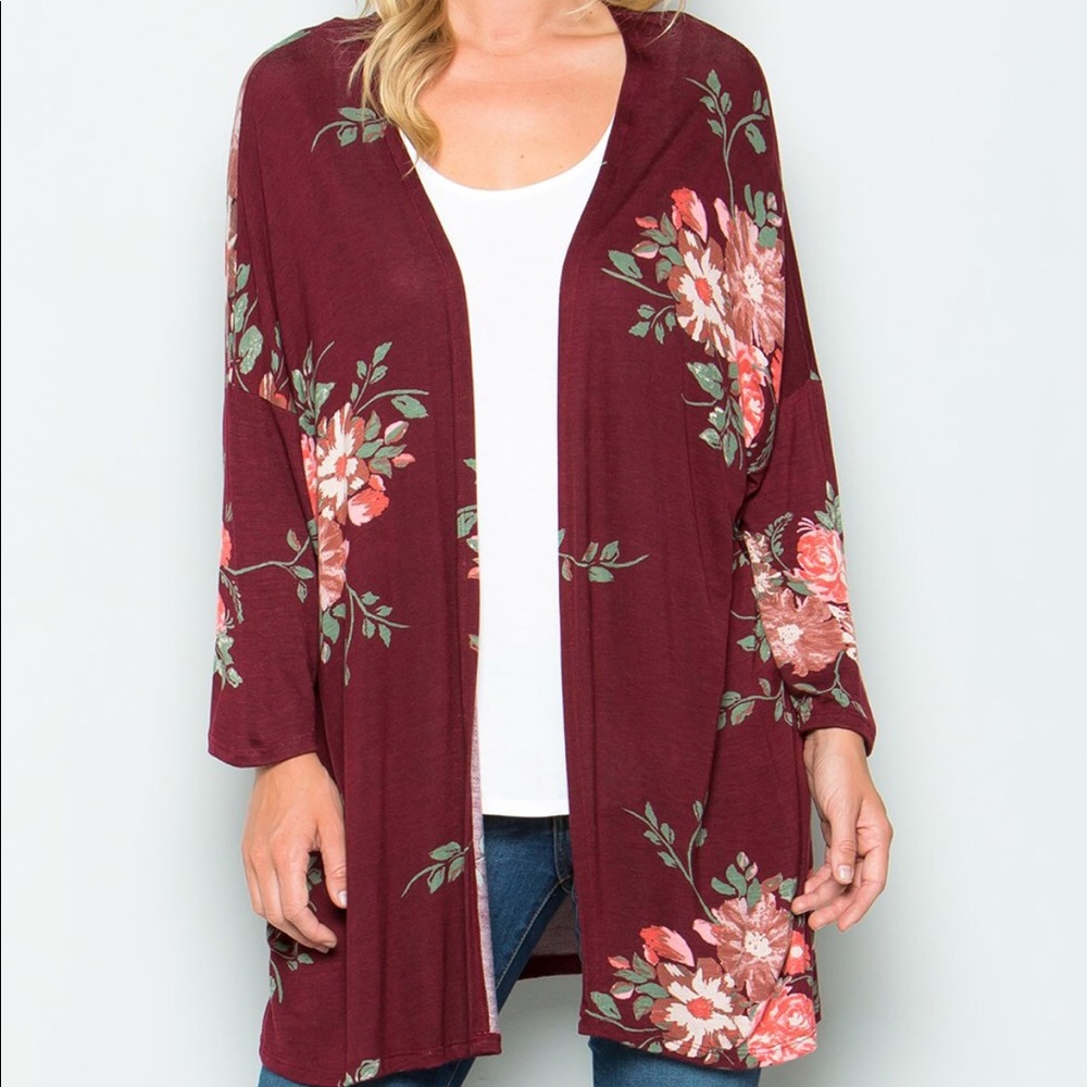 OMG Burgundy floral kimono top S NEW - Picture 2 of 6